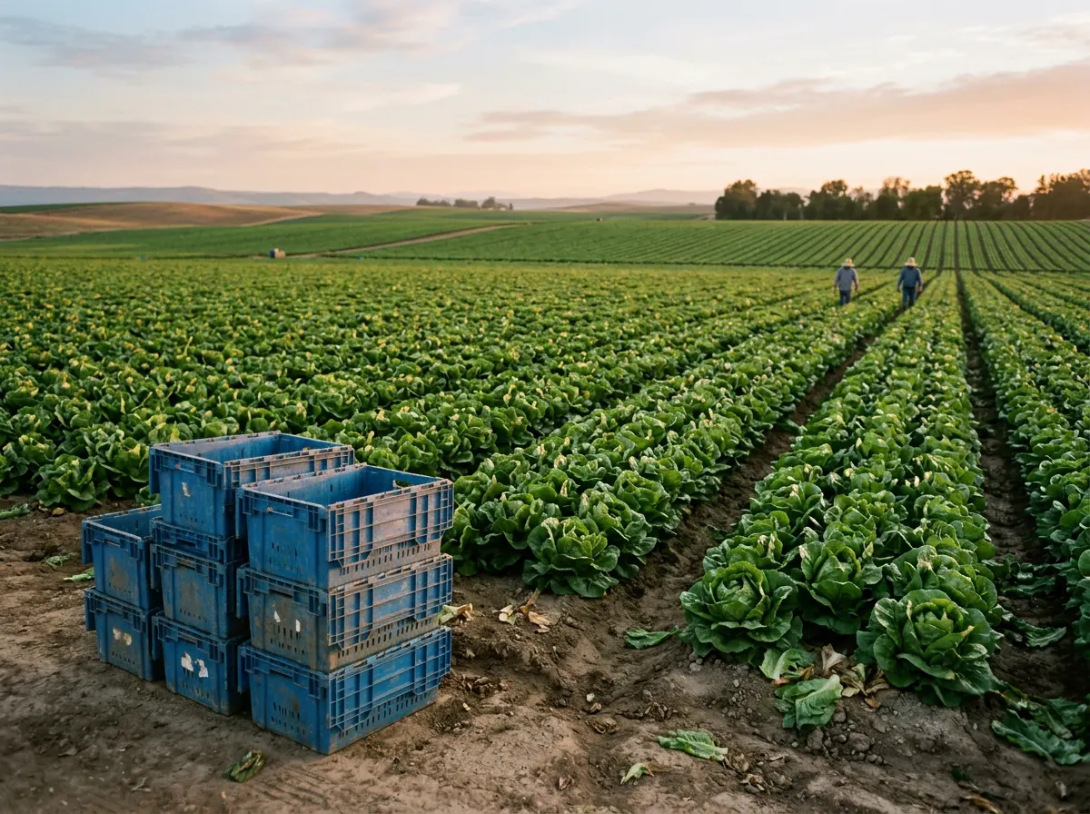 A lettuce field at dawn left largely unharvested, with empty crates in the foreground