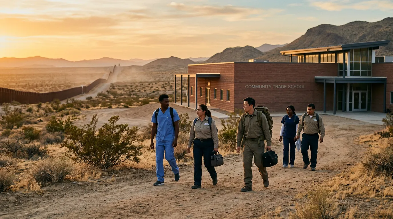 Adult students in scrubs and work uniforms walking toward a community trade school near the border