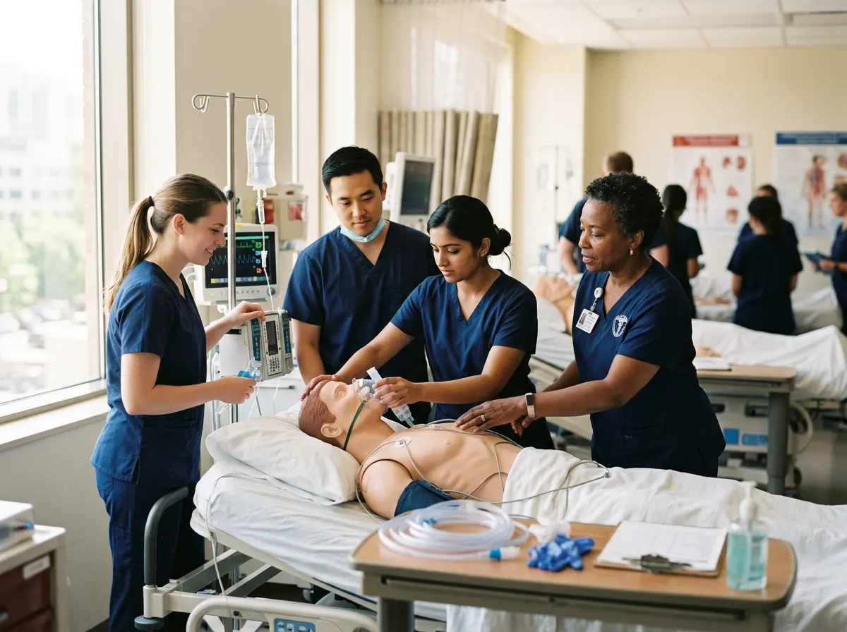 Adult nursing and dental students practicing clinical skills in a training lab