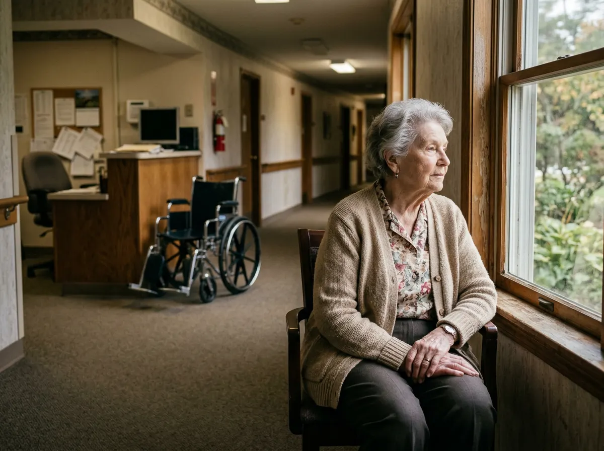 An elderly woman sitting alone by a window in a quiet senior living hallway