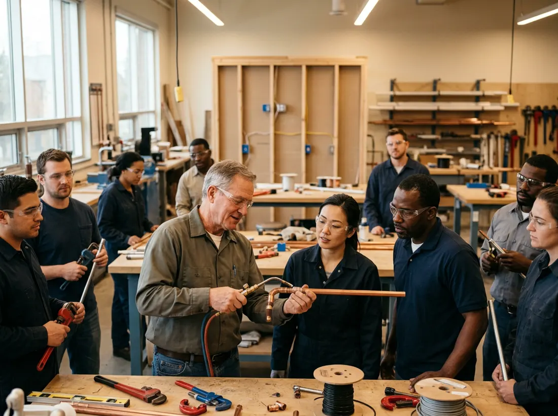 Adult apprentices learning plumbing in a trade school workshop